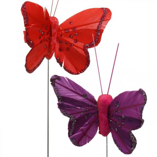 Floristik24 Spring, feather butterflies with glitter, decorative butterfly red, orange, pink, violet 4×6.5cm 24 pcs