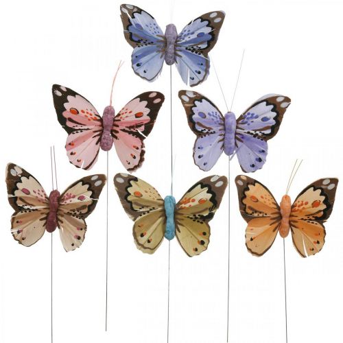 Floristik24 Feather butterflies, decorative butterflies on a stick, flower plugs pink, orange, violet, brown, blue, beige 6×8cm 12pcs