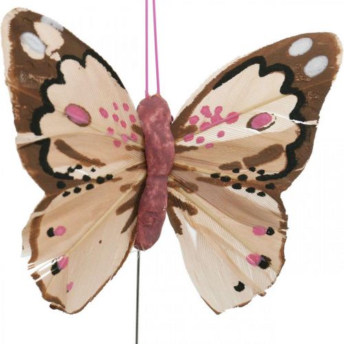 Floristik24 Feather butterflies, decorative butterflies on a stick, flower plugs pink, orange, violet, brown, blue, beige 6×8cm 12pcs
