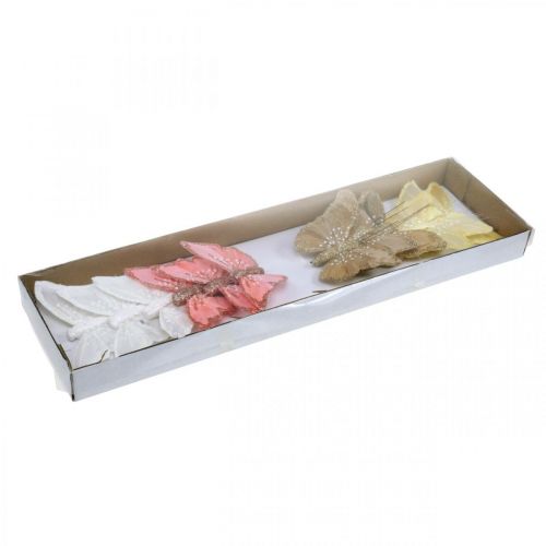 Floristik24 Butterflies with glitter, wedding decoration, decorative plug, feather butterfly yellow, beige, pink, white 9.5×12.5cm 12 pcs