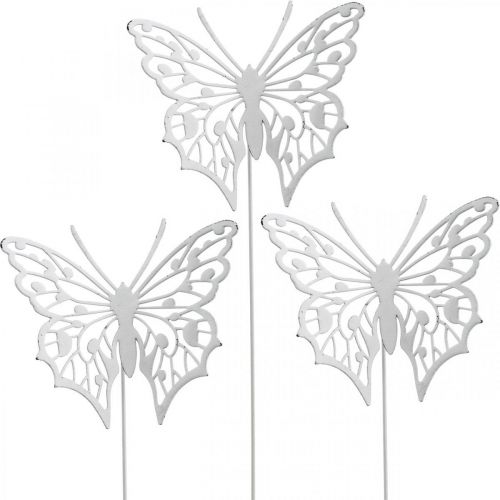 Flower plug butterfly, garden decoration metal, plant plug shabby chic white, silver L51cm 3pcs