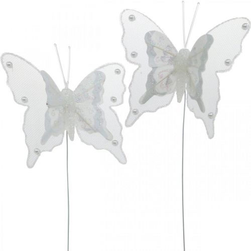 Butterflies with pearls and mica, wedding decorations, feather butterflies on white wire
