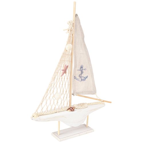 Sailboat decoration wood pine on base natural white H39cm