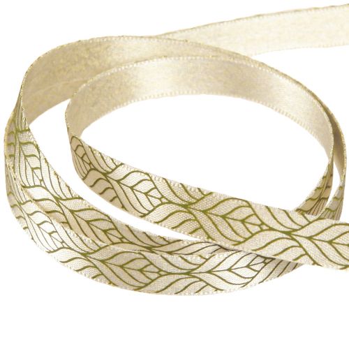 Product Silk Ribbon Gift Ribbon Leaves Beige Green 10mm 20m