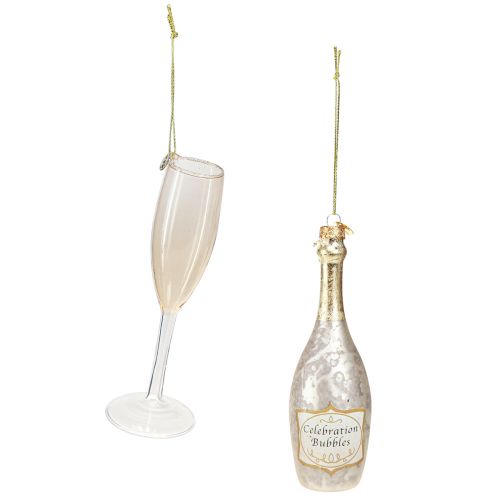 Floristik24 Champagne bottle and glass, tree decorations, anniversary, glass decorations to hang, New Year&#39;s Eve H14.5cm real glass set of 2