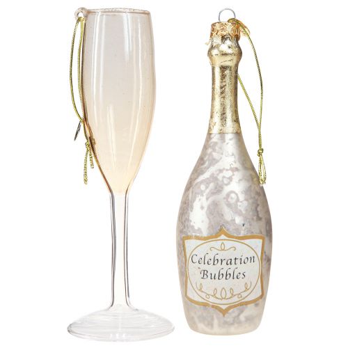 Floristik24 Champagne bottle and glass, tree decorations, anniversary, glass decorations to hang, New Year&#39;s Eve H14.5cm real glass set of 2