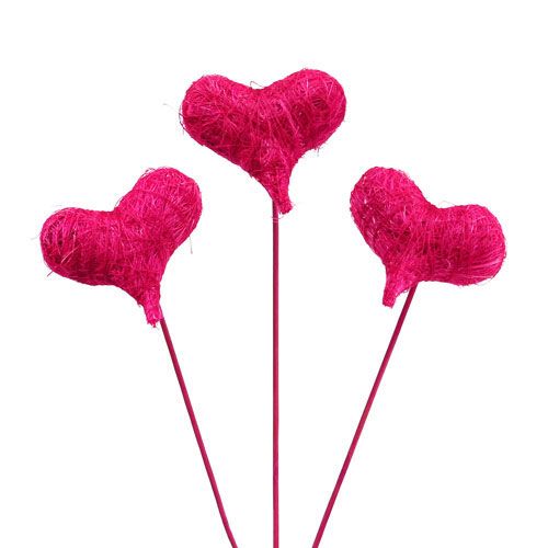 Floristik24 Sisal hearts on a stick pink 8cm L25cm 24pcs