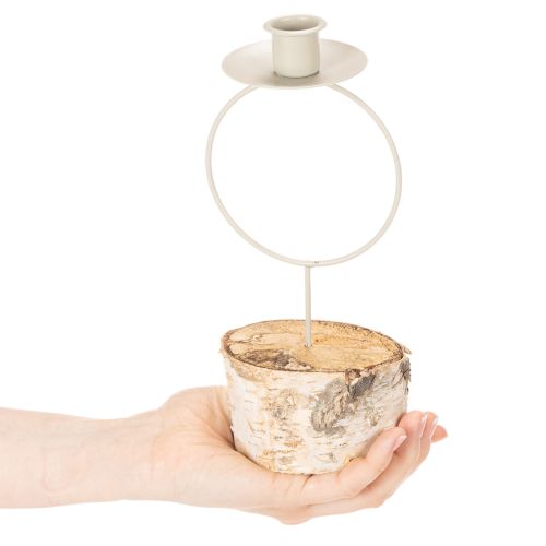 Candle holder with birch wood base and metal ring, 20cm | Floristik24.ie