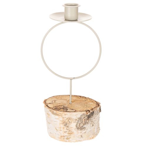 Candle holder with birch wood base and metal ring, 20cm | Floristik24.ie