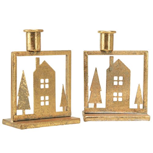 Product Candle holder Christmas house antique gold look 10×6×14cm 2pcs