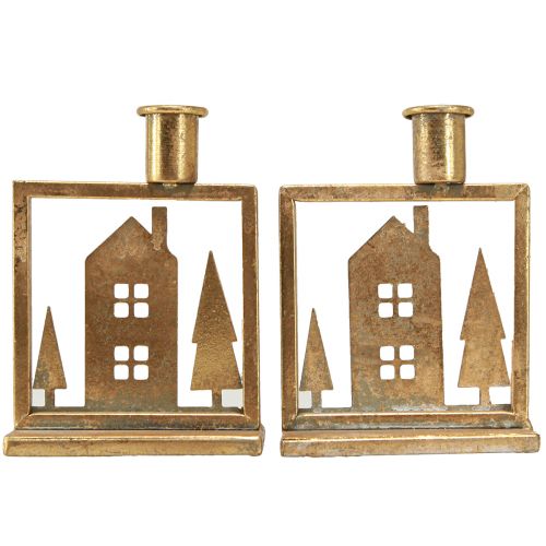 Product Candle holder Christmas house antique gold look 10×6×14cm 2pcs