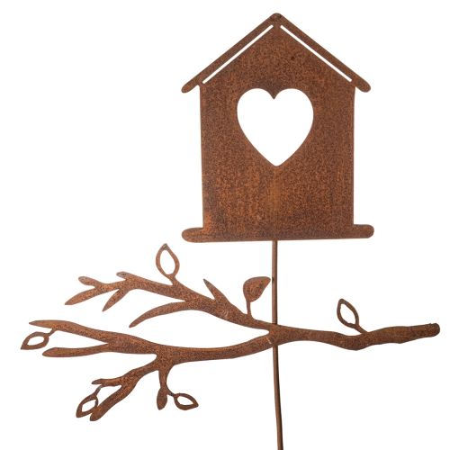 Rusty garden stake birdhouse with heart and branch 100cm
