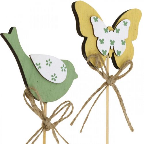 Product Plug bird butterfly, wood decoration, plant plug spring decoration green, yellow L24/25cm 12pcs