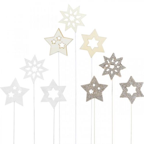 Flower stick stars, Advent, flower decoration, wooden stars natural, white, gold glitter L27/28.5cm 18 pcs