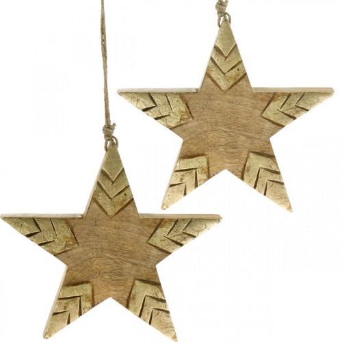 Product Star mango wood natural, golden wooden star large to hang 25cm 2pcs
