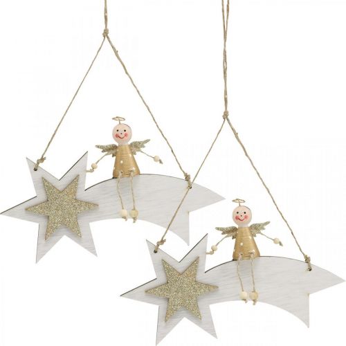 Product Angel on shooting star, Christmas decoration to hang, Advent White, Golden H13cm W21.5cm 2pcs