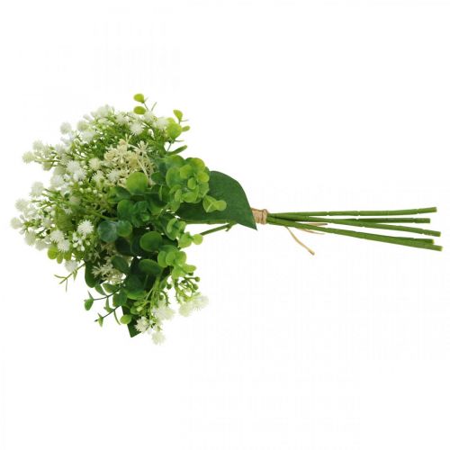 Product Decorative artificial flower bouquet, green and white, 36cm long, artificial flower decoration for table, vase & windowsill, eucalyptus & blossoms