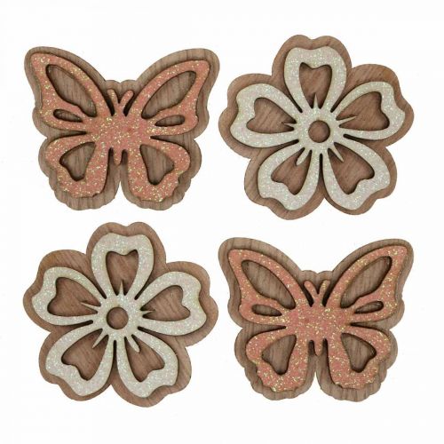 Floristik24 Scatter decoration wood flowers/butterflies white/pink Ø4cm 36p