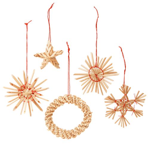 Straw stars Christmas tree decorations straw natural red Ø4-6cm 17 pcs
