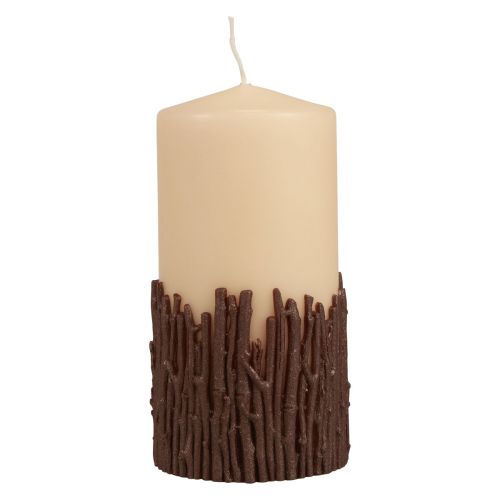 Rustic pillar candle with branches, beige, 150x70mm, decorative candle