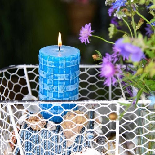 Rustic pillar candles, basket pattern candles, turquoise wax candles 110/65 2pcs
