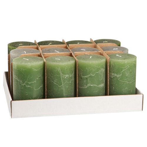 Product Pillar candle set, 3 colors, green, solid-colored candles, table decoration, 70x120mm, 12 pieces