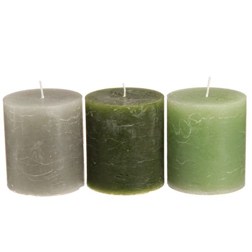 Product Pillar candle set, 3 shades of green, dyed throughout, decorative candles for table decoration and wellness, 70x80mm, 12 pieces