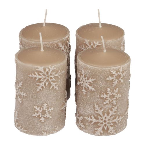 Floristik24 Pillar candles beige candles snowflakes 100/65mm 4pcs