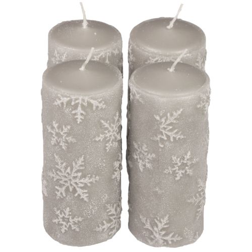 Floristik24 Pillar candles gray candles snowflakes 150/65mm 4pcs