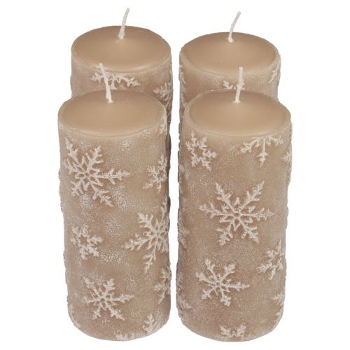 Floristik24 Pillar candles beige candles snowflakes 150/65mm 4pcs