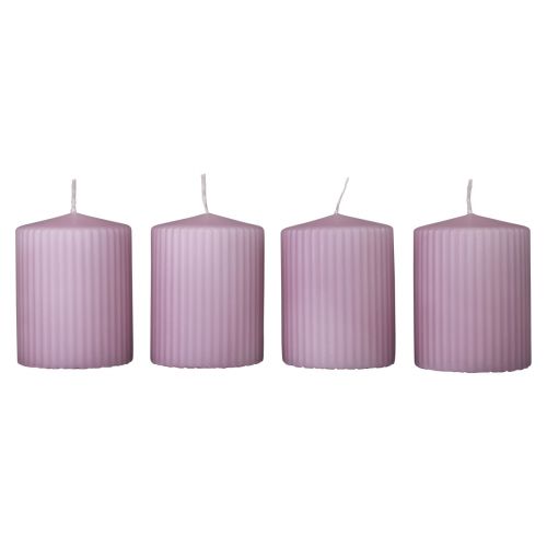 Product Pillar candles lilac grooved candles decoration 70/90mm 4pcs