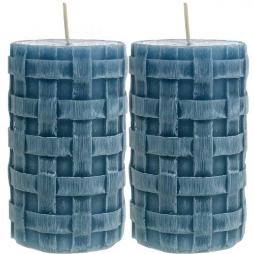 Pillar candles blue, wax candles Rustic, candles with braided pattern 110/65 2pcs