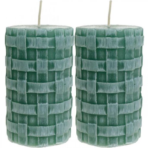 Candles with braided pattern, pillar candles Rustic green, candle decoration 110/65 2pcs