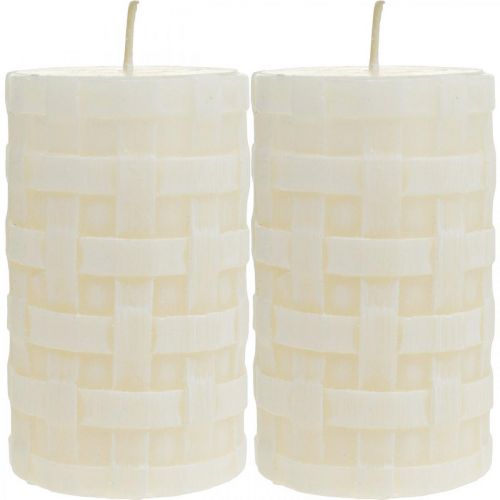 Floristik24 Rustic candles, white wax candles, basket pattern pillar candles 110/65 2pcs