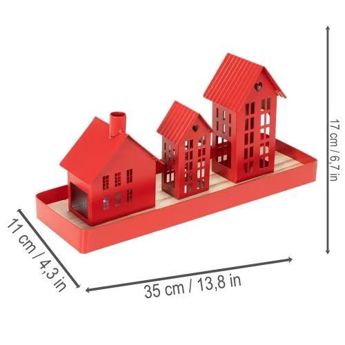 Metal Tealight Holder Houses Red with Tray 35cm 1 Set | Floristik24.ie