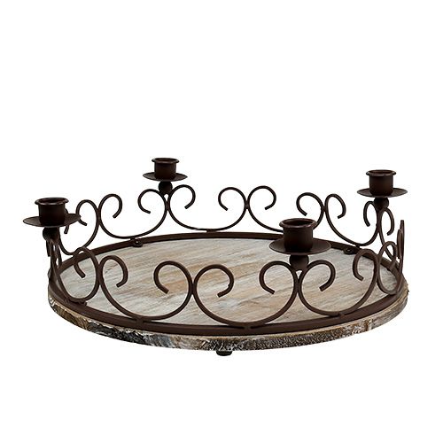Tray with 4 candle holders Ø38cm brown