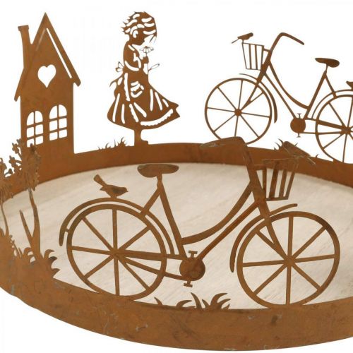 Product Decorative tray girl with flower, metal decoration with bicycle house dandelion patina Ø24cm H11cm
