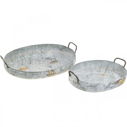 Metal bowl with handles, planter, decorative tray antique look white washed L51/40.5cm set of 2