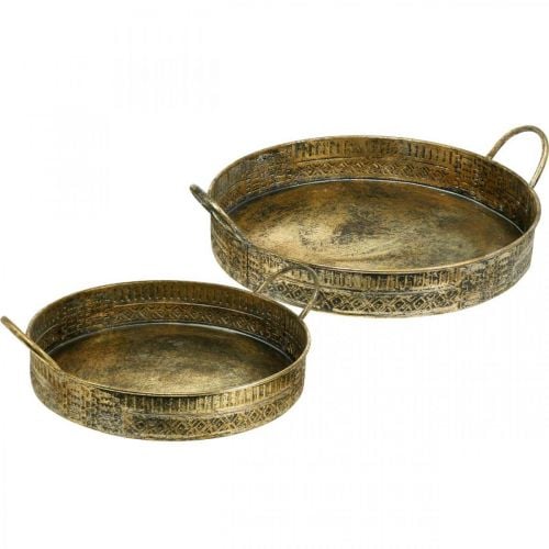 Decorative bowl with handles, patterned plant tray, golden metal vessel, antique look W45.5/42cm Ø39.5/34cm set of 2