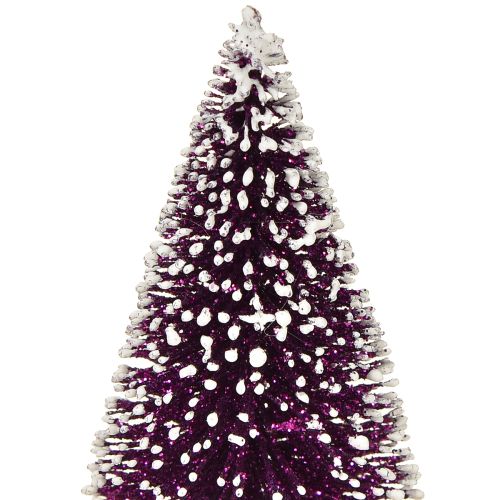 Product Decorative Christmas tree in purple with snow tip on a rustic wooden base 15cm 3 pieces.
