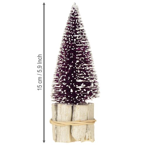 Product Decorative Christmas tree in purple with snow tip on a rustic wooden base 15cm 3 pieces.