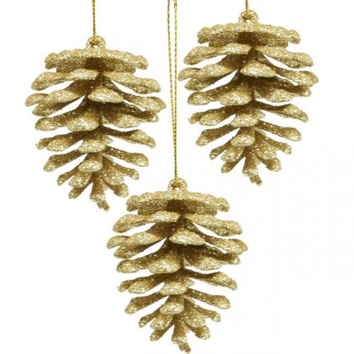Product Christmas tree ornaments deco cones glitter gold H7cm 6pcs