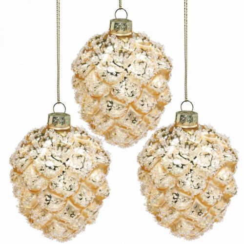 Product Cones for hanging, tree decorations, snow-covered deco cones Golden H9.5cm Ø8cm real glass 3pcs
