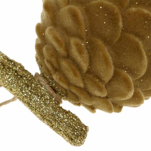 Floristik24 Decorative hanger cones flocked brown, gold 9 × 7cm / 8,5 × 6cm 4pcs