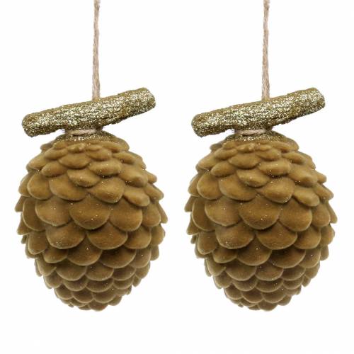 Floristik24 Decorative hanger cones flocked brown, gold 9 × 7cm / 8,5 × 6cm 4pcs