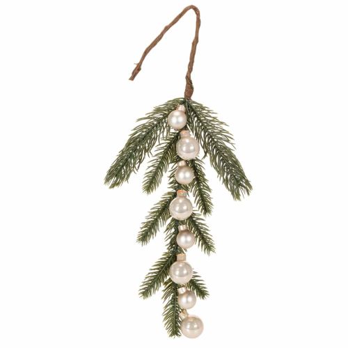 Artificial fir branch with white mini Christmas tree baubles, 46cm, 2 pieces