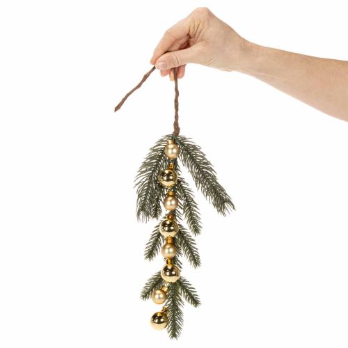 Artificial fir branch with gold-colored mini Christmas tree baubles, 46cm, 2 pieces | Floristik24.ie