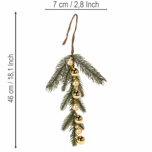 Artificial fir branch with gold-colored mini Christmas tree baubles, 46cm, 2 pieces | Floristik24.ie