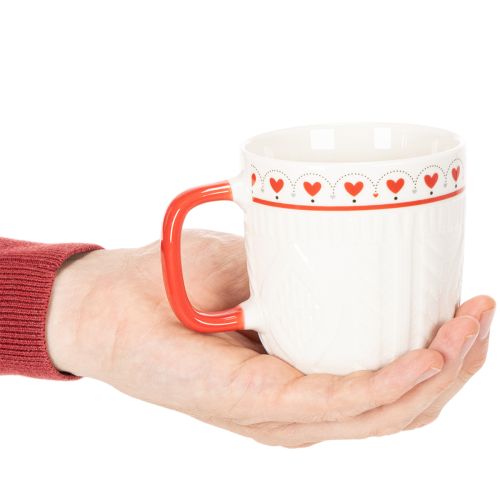 Coffee mug with red handle, knitted pattern and heart decoration, ceramic, 9cm, 2 pieces | Floristik24.ie
