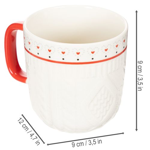 Coffee mug with red handle, knitted pattern and heart decoration, ceramic, 9cm, 2 pieces | Floristik24.ie
